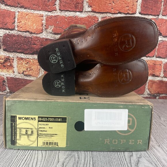 Roper Womens Brown/Red Leather Old Glory Americana Cowboy Boots - Picture 2 of 4